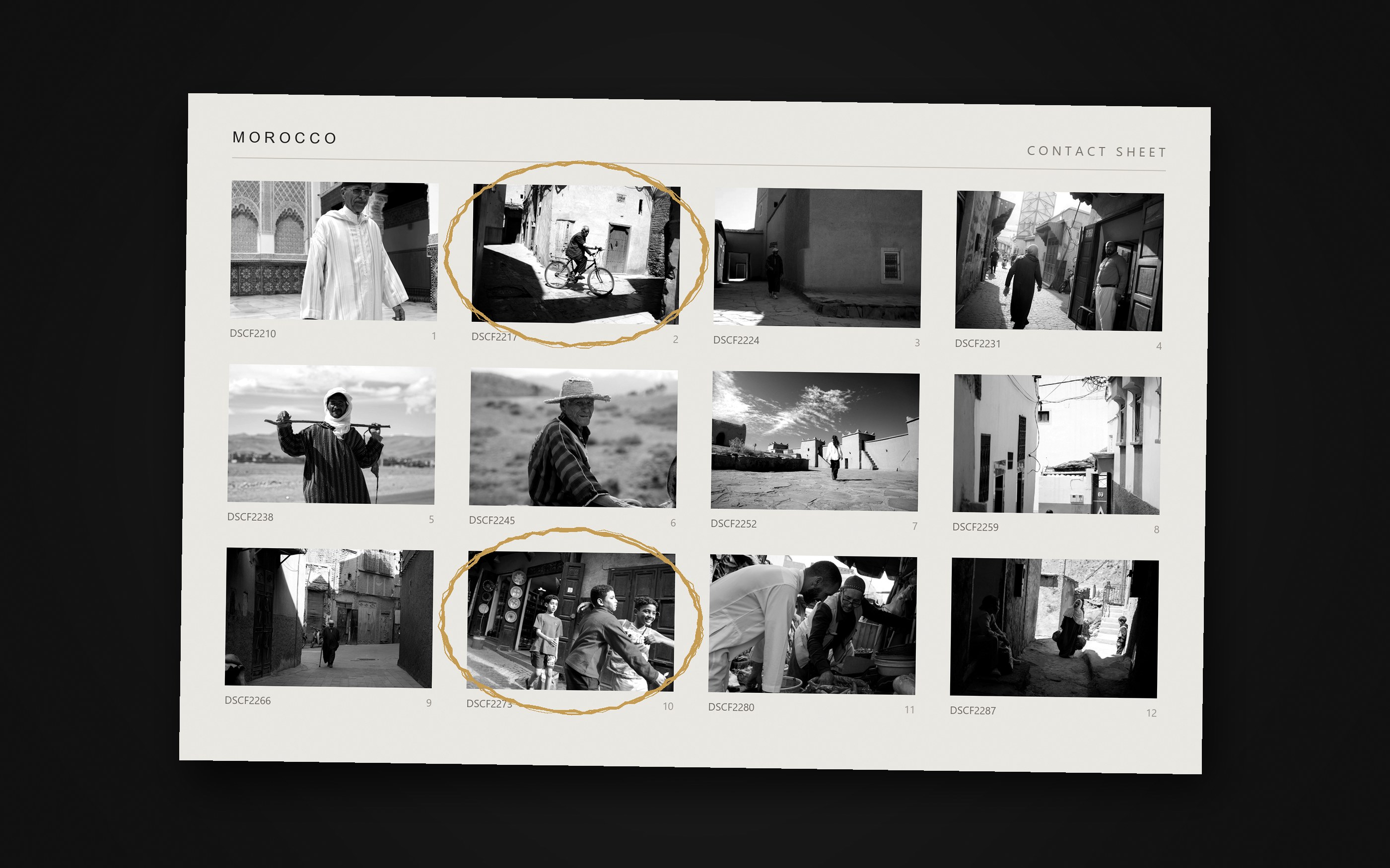 A black and white contact sheet of twelve street photos from Morocco, two of them circled in gold